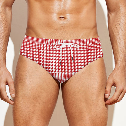 Red And White Glen Plaid Print Men's Swim Briefs