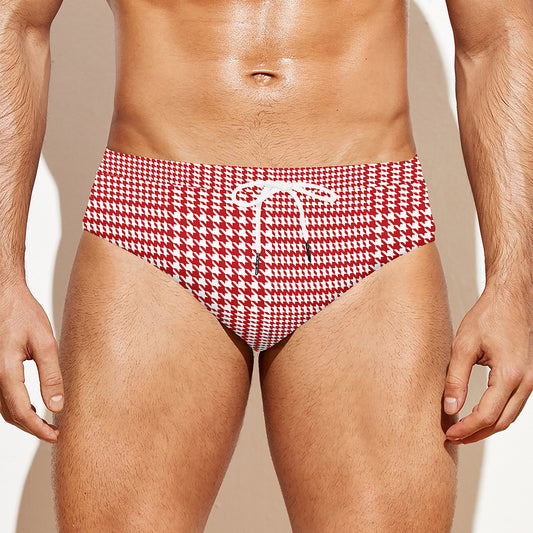 Red And White Glen Plaid Print Men's Swim Briefs