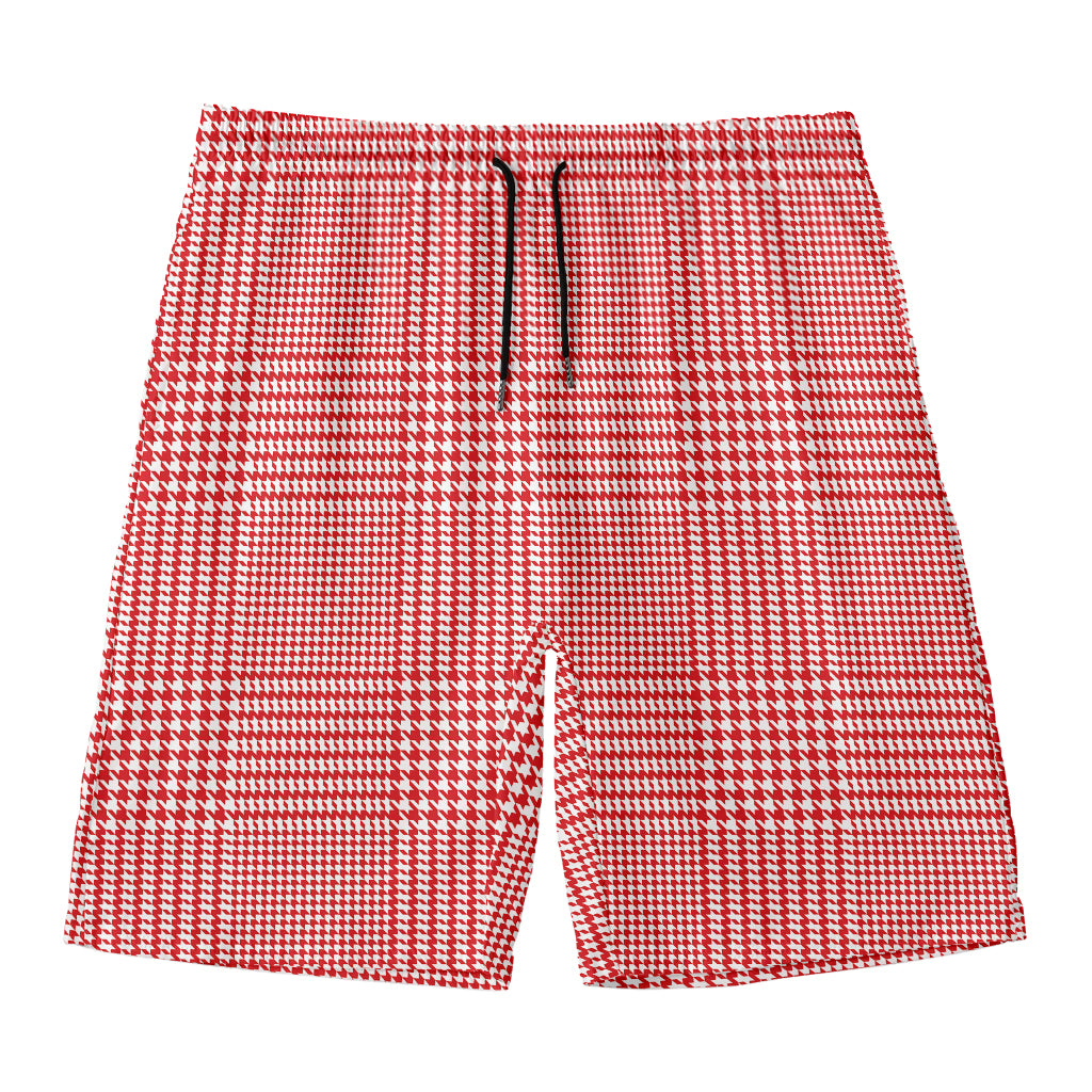 Red And White Glen Plaid Print Men's Swim Trunks