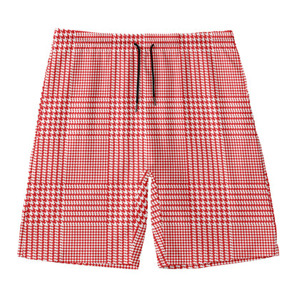 Red And White Glen Plaid Print Men's Swim Trunks