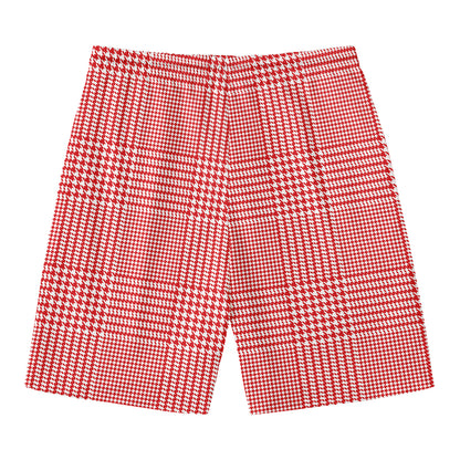 Red And White Glen Plaid Print Men's Swim Trunks