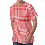 Red And White Glen Plaid Print Men's Velvet T-Shirt