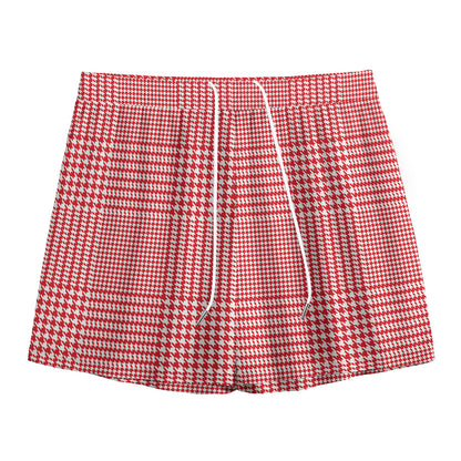 Red And White Glen Plaid Print Mesh Shorts