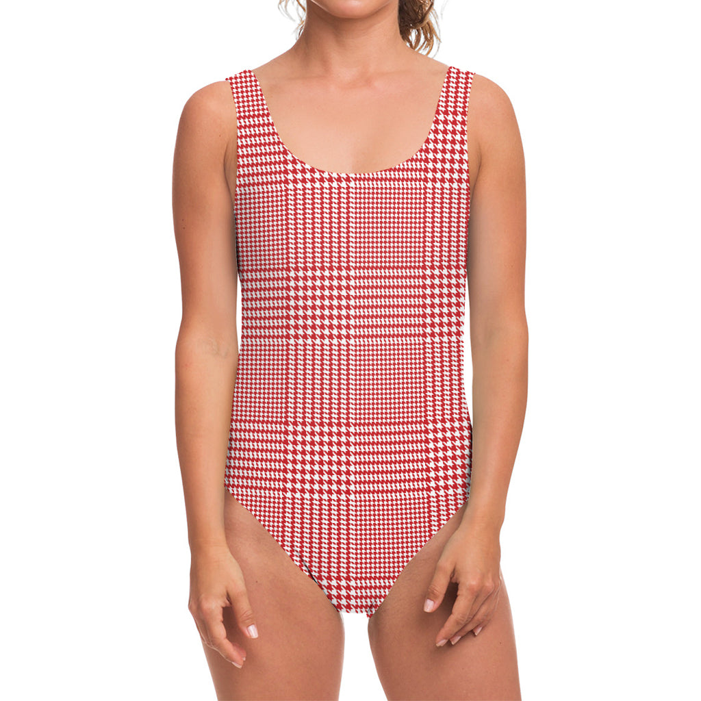 Red And White Glen Plaid Print One Piece Swimsuit