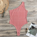 Red And White Glen Plaid Print One Shoulder Bodysuit