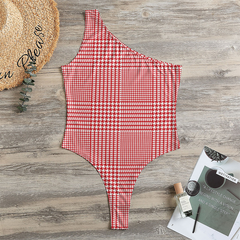 Red And White Glen Plaid Print One Shoulder Bodysuit