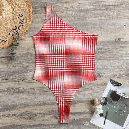 Red And White Glen Plaid Print One Shoulder Bodysuit