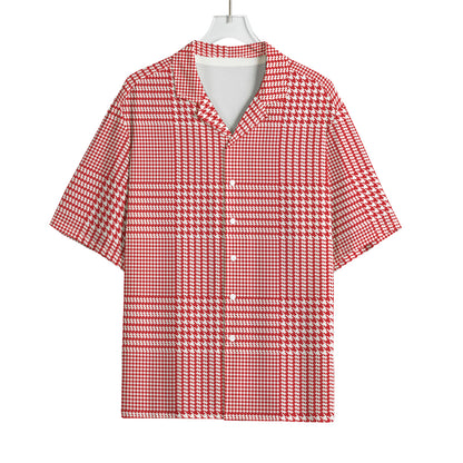 Red And White Glen Plaid Print Rayon Hawaiian Shirt