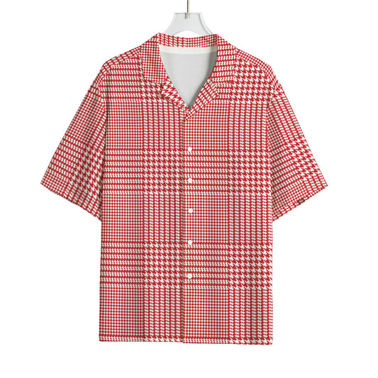 Red And White Glen Plaid Print Rayon Hawaiian Shirt