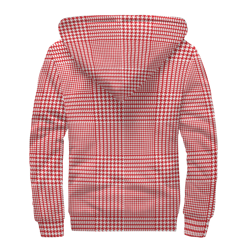Red And White Glen Plaid Print Sherpa Lined Zip Up Hoodie