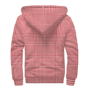 Red And White Glen Plaid Print Sherpa Lined Zip Up Hoodie