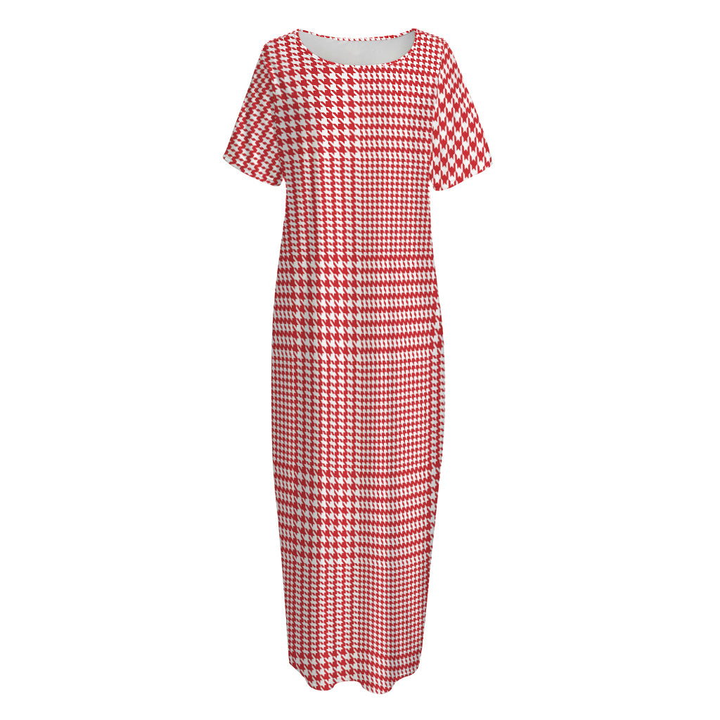 Red And White Glen Plaid Print Short Sleeve Long Nightdress