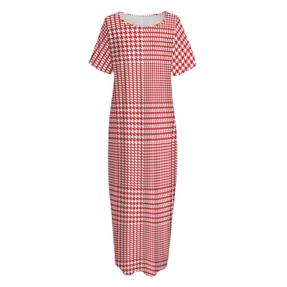Red And White Glen Plaid Print Short Sleeve Long Nightdress