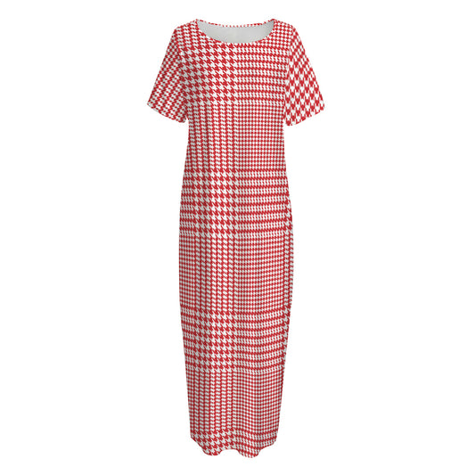 Red And White Glen Plaid Print Short Sleeve Long Nightdress