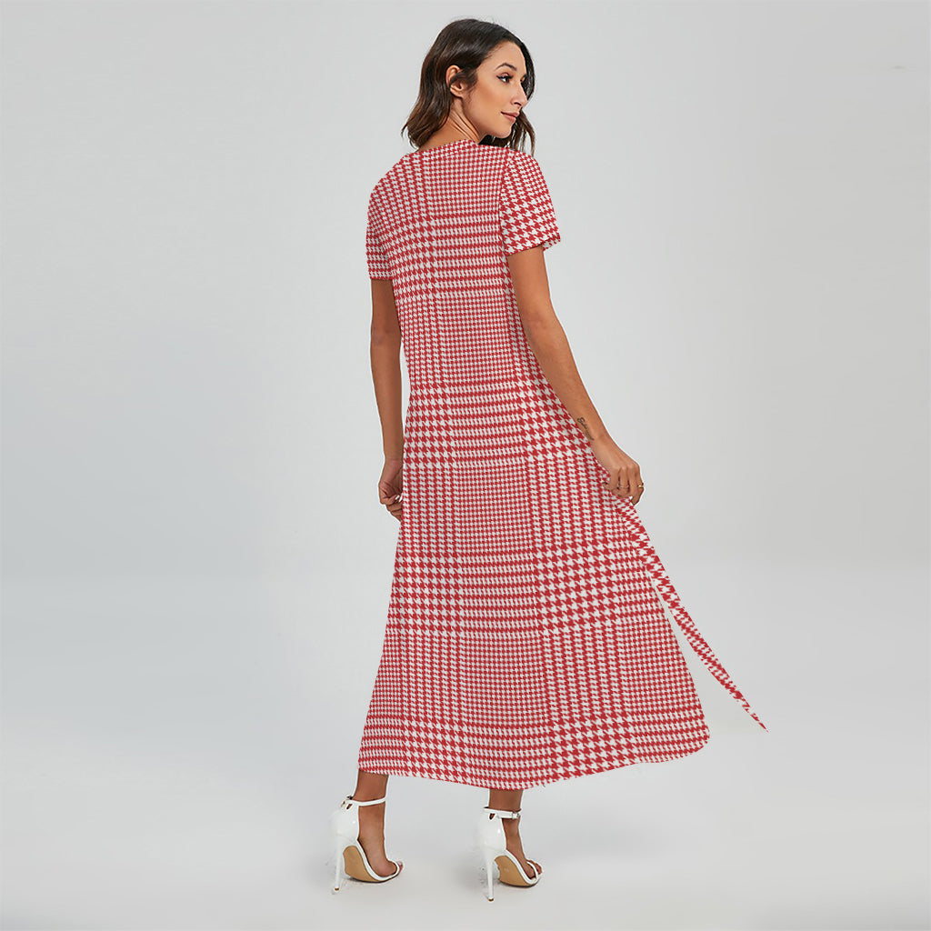 Red And White Glen Plaid Print Short Sleeve Maxi Dress