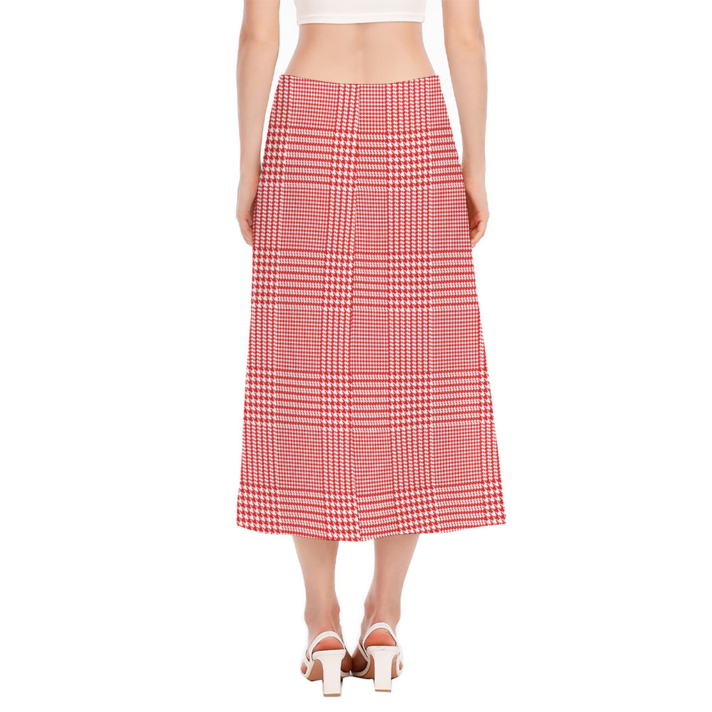 Red And White Glen Plaid Print Side Slit Midi Skirt