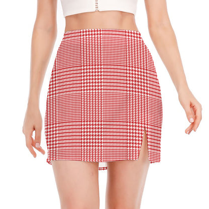 Red And White Glen Plaid Print Side Slit Mini Skirt