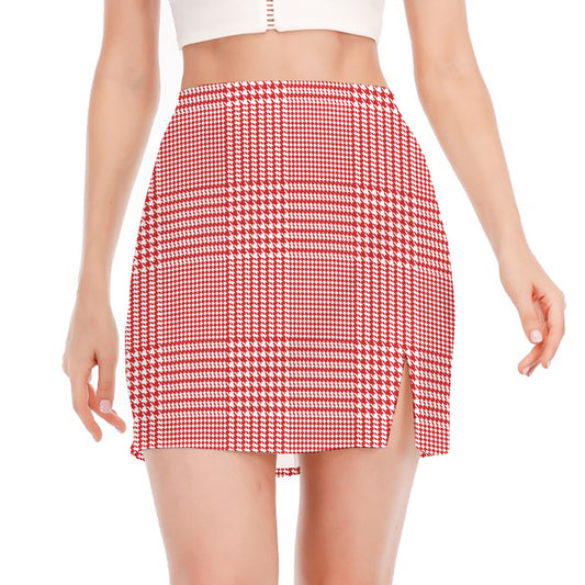 Red And White Glen Plaid Print Side Slit Mini Skirt