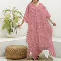 Red And White Glen Plaid Print Silk V-Neck Kaftan Dress