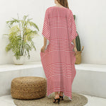 Red And White Glen Plaid Print Silk V-Neck Kaftan Dress
