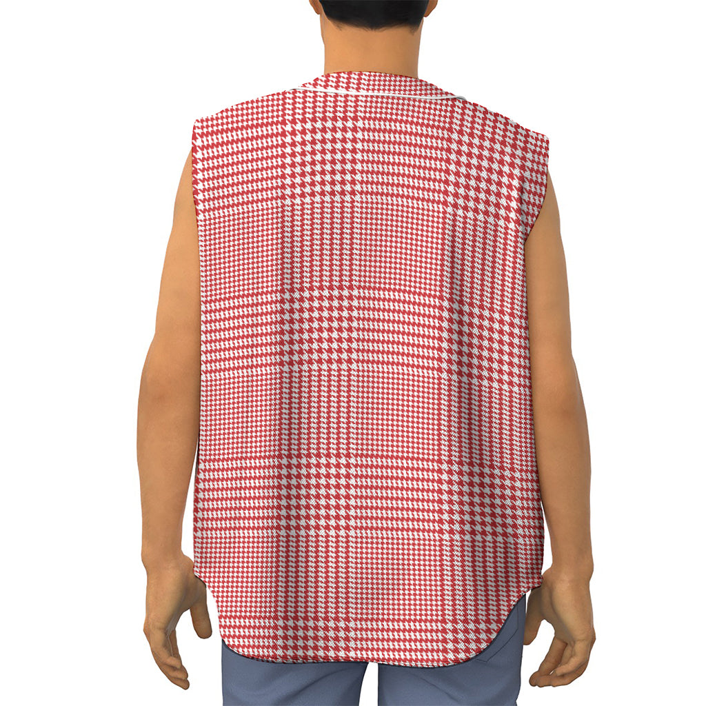 Red And White Glen Plaid Print Sleeveless Baseball Jersey