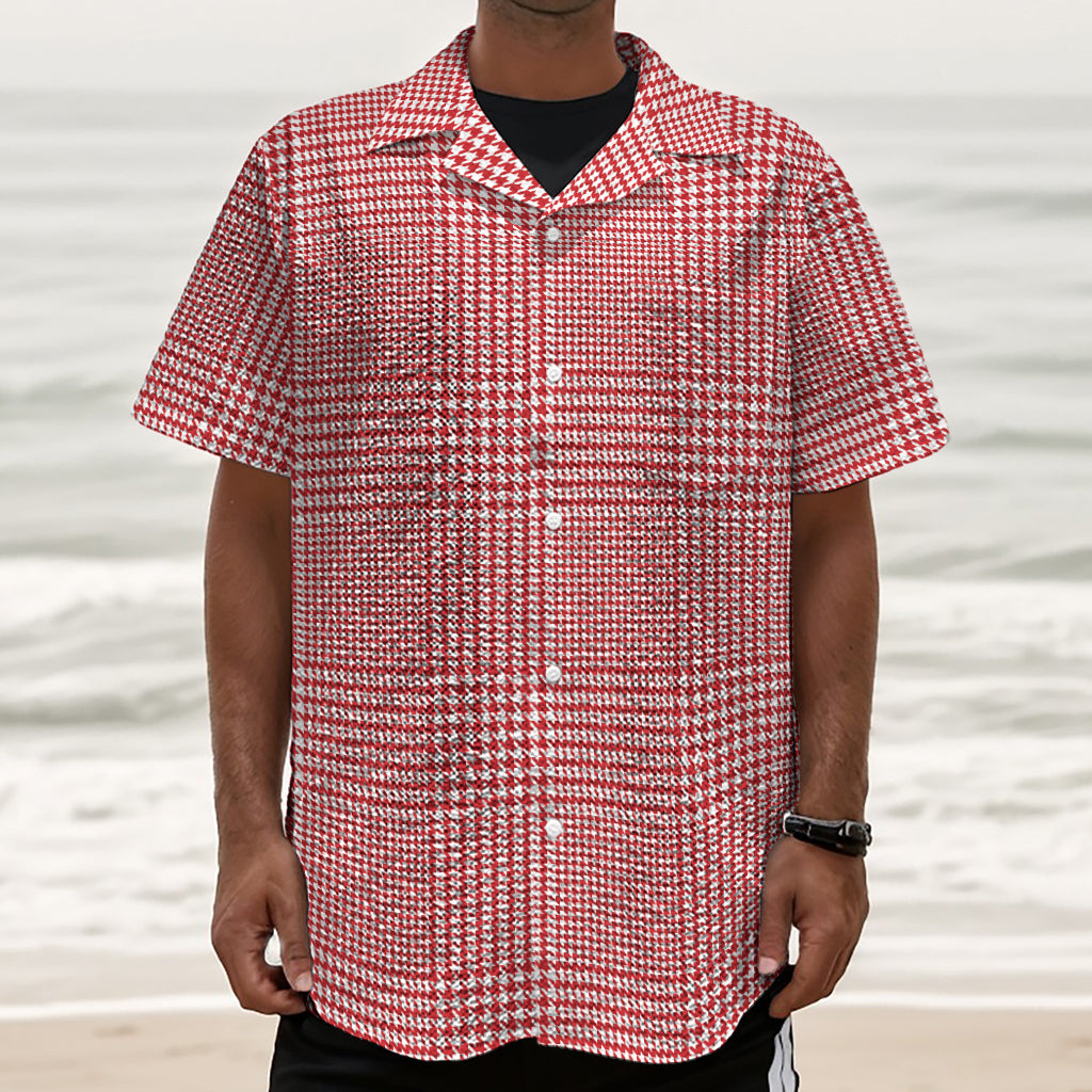 Red And White Glen Plaid Print Textured Short Sleeve Shirt