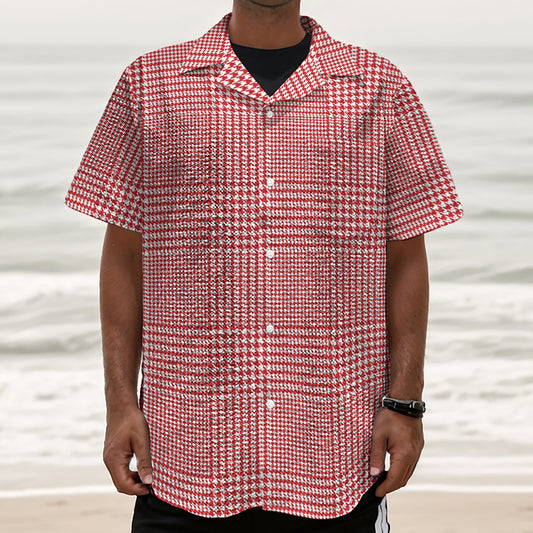 Red And White Glen Plaid Print Textured Short Sleeve Shirt