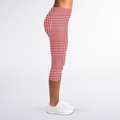 Red And White Glen Plaid Print Women's Capri Leggings