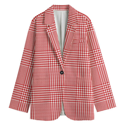 Red And White Glen Plaid Print Women's Cotton Blazer