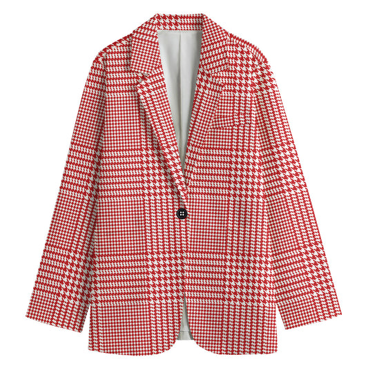 Red And White Glen Plaid Print Women's Cotton Blazer