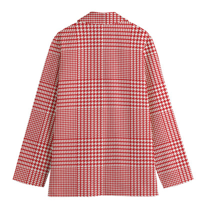 Red And White Glen Plaid Print Women's Cotton Blazer
