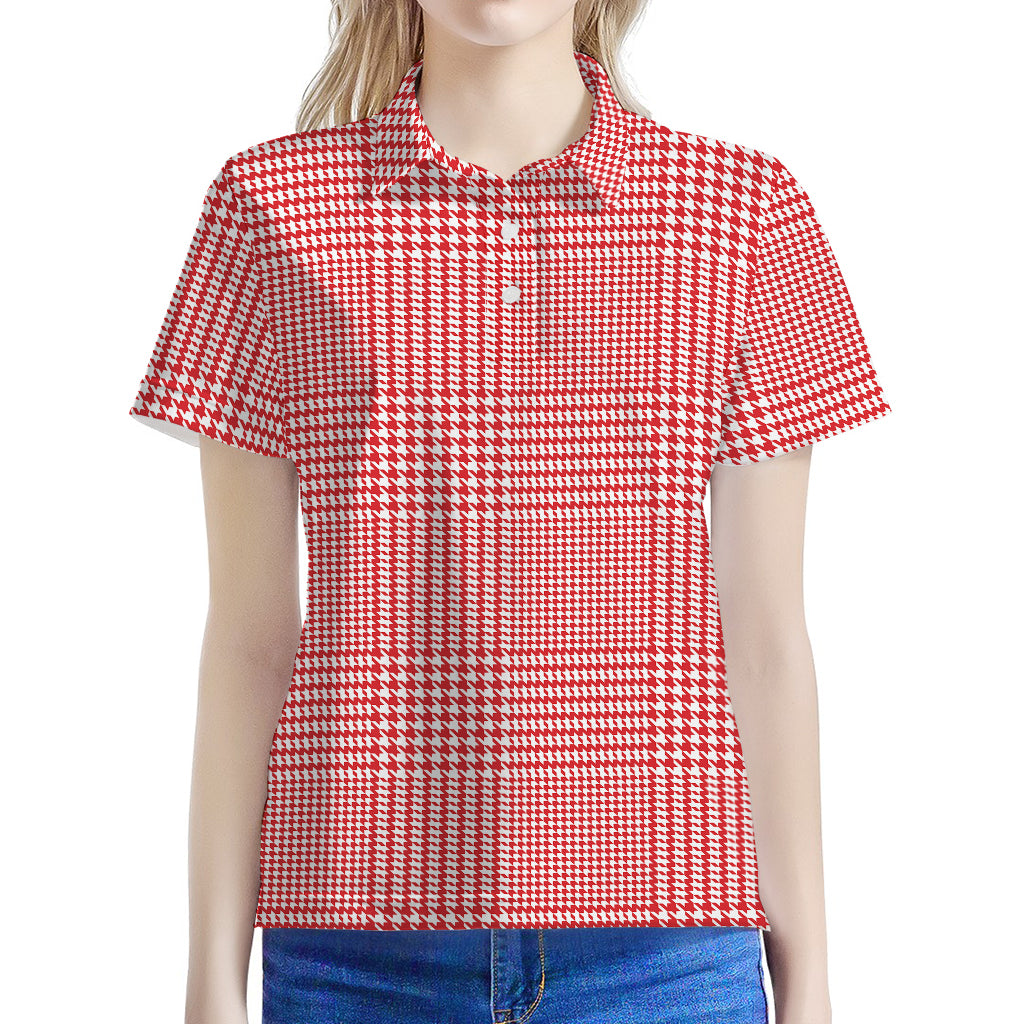 Red And White Glen Plaid Print Women's Polo Shirt