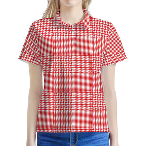 Red And White Glen Plaid Print Women's Polo Shirt