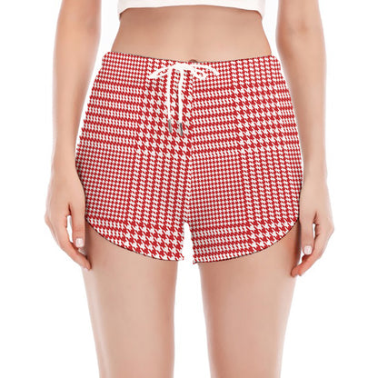 Red And White Glen Plaid Print Women's Split Running Shorts