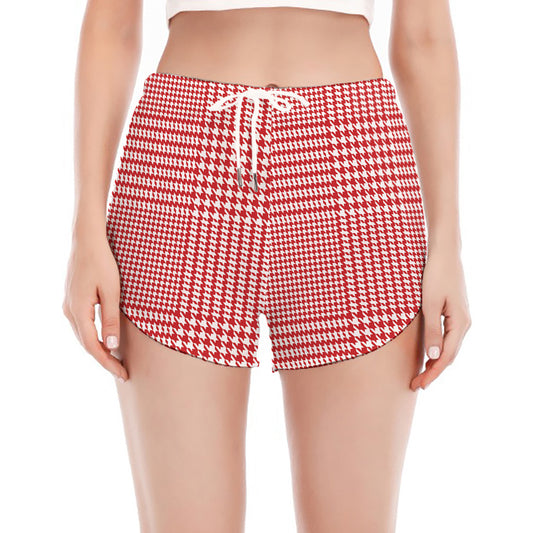 Red And White Glen Plaid Print Women's Split Running Shorts