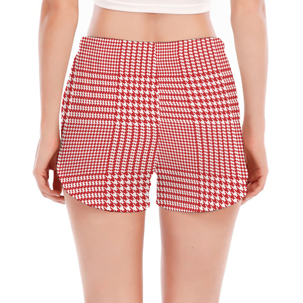 Red And White Glen Plaid Print Women's Split Running Shorts