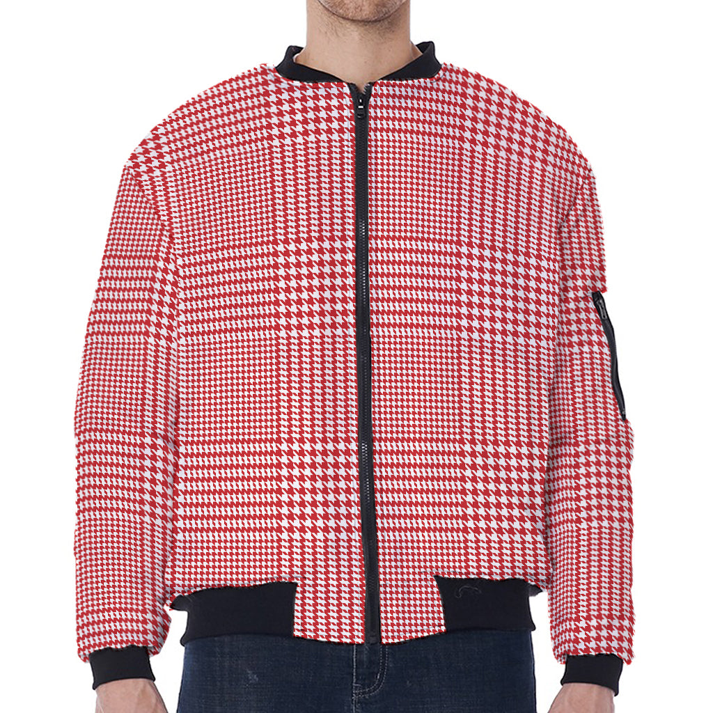 Red And White Glen Plaid Print Zip Sleeve Bomber Jacket