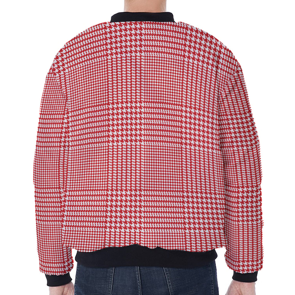 Red And White Glen Plaid Print Zip Sleeve Bomber Jacket