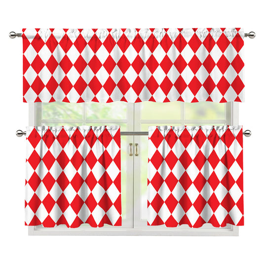 Red And White Harlequin Pattern Print 3 Piece Kitchen Curtains
