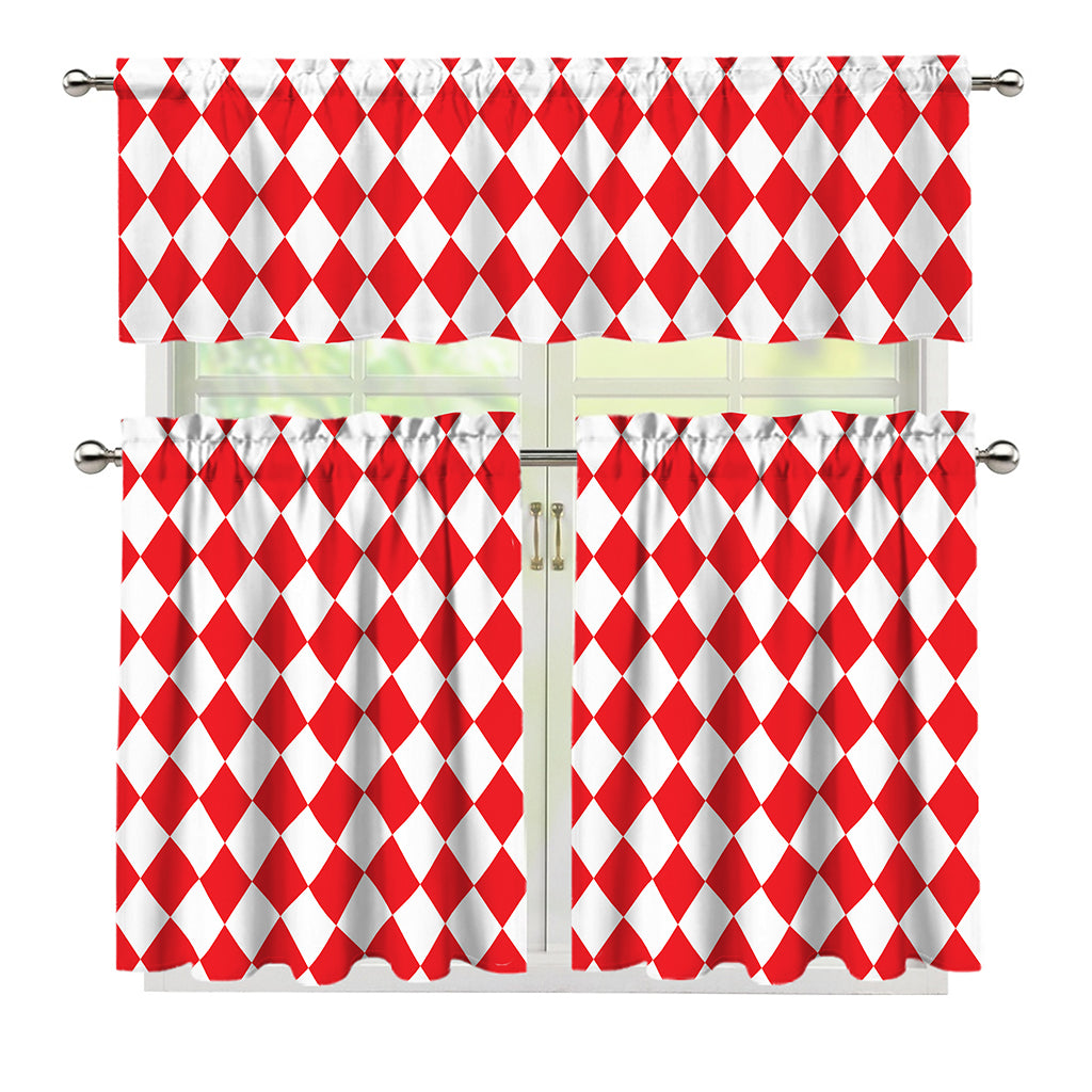 Red And White Harlequin Pattern Print 3 Piece Kitchen Curtains
