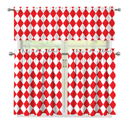 Red And White Harlequin Pattern Print 3 Piece Kitchen Curtains
