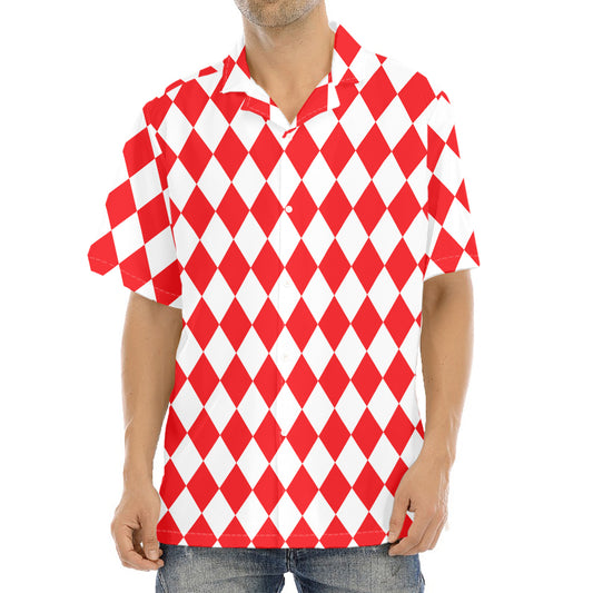 Red And White Harlequin Pattern Print Aloha Shirt