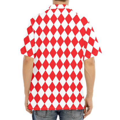 Red And White Harlequin Pattern Print Aloha Shirt