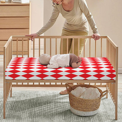 Red And White Harlequin Pattern Print Baby Crib Sheet