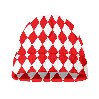 Red And White Harlequin Pattern Print Beanie