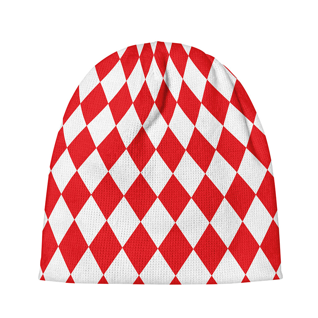 Red And White Harlequin Pattern Print Beanie