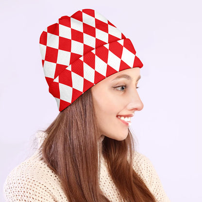 Red And White Harlequin Pattern Print Beanie