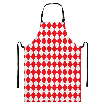 Red And White Harlequin Pattern Print Bib Apron With Pocket