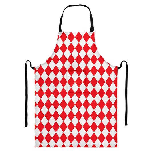 Red And White Harlequin Pattern Print Bib Apron With Pocket
