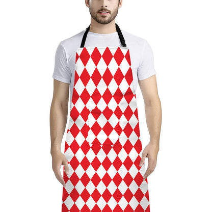 Red And White Harlequin Pattern Print Bib Apron With Pocket